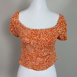 NWT NY&C Orange and White Patterned Smocked Crop Babydoll Top Size‎ Lrg